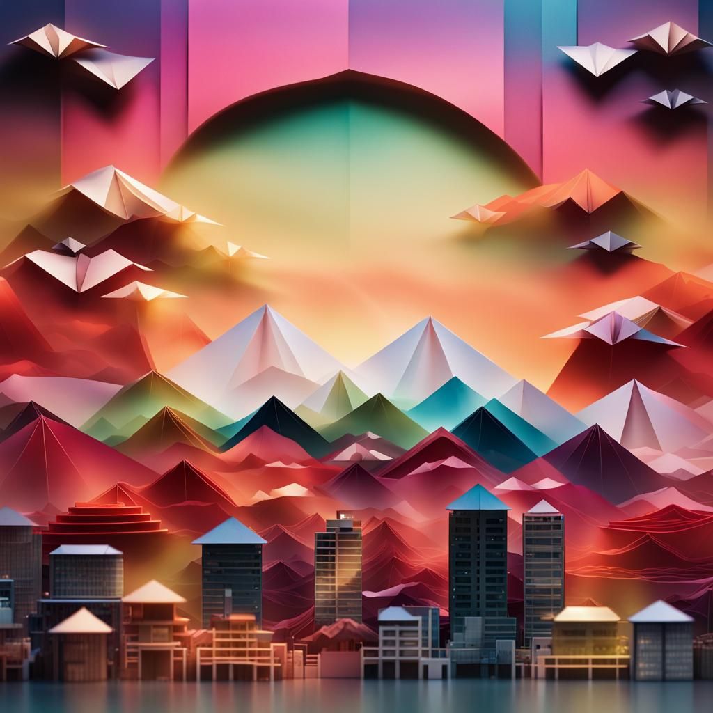 A darken Japanese skyline with a very colorful sunset settin...