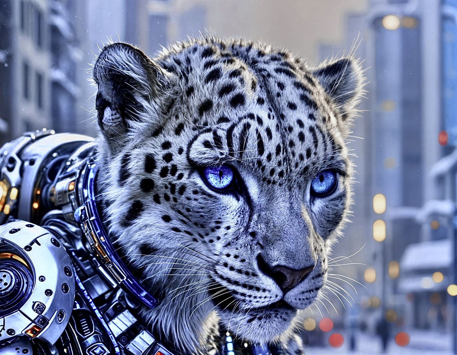 Snow leopard cyborg in the city