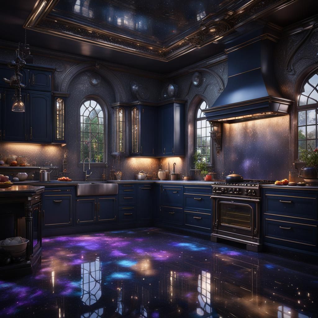 Large galaxy inspired gothic kitchen with reflective floor.