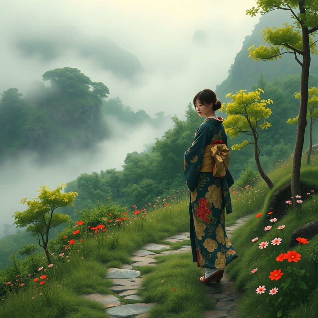 Kimono Woman on Misty Path in Art Nouveau Style