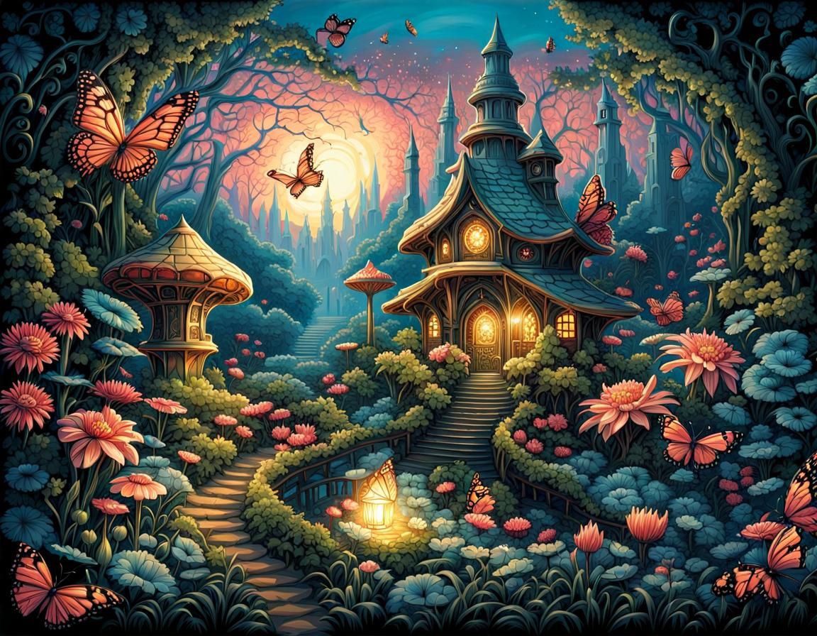 fairy garden, with fairies, flowers, and butterflies intrica...