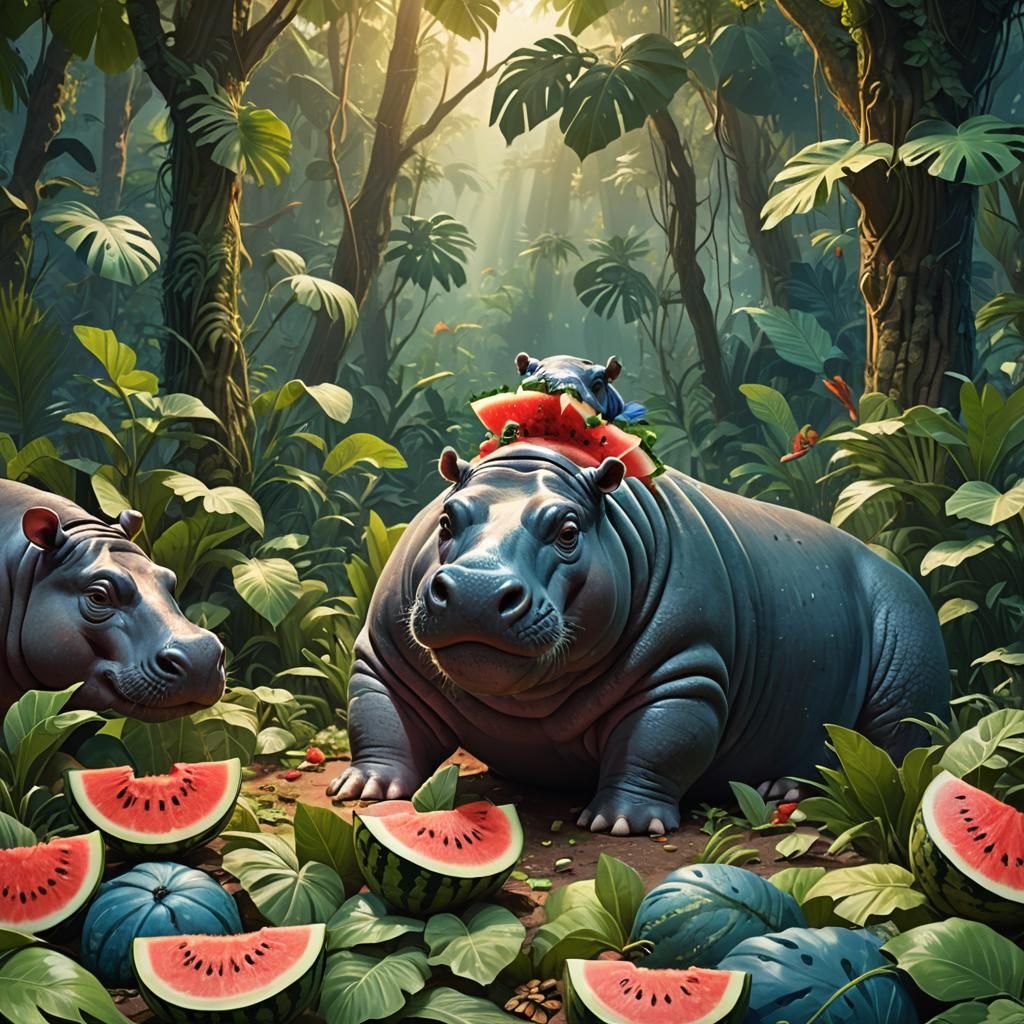 Happy Hippo Enjoys Watermelon in Lush Jungle