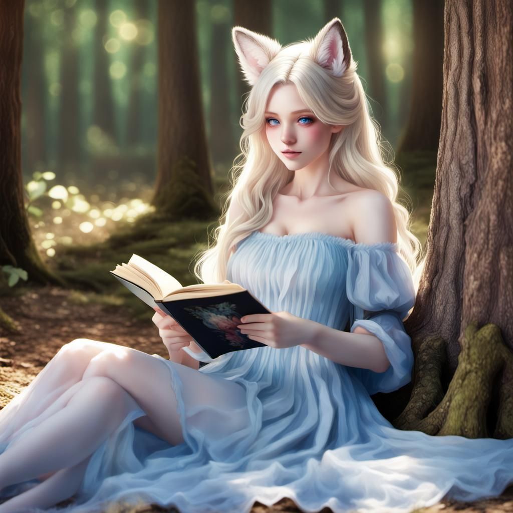 ultra realistic, Anime, 18-year-old with long wavy white blonde hair, fox  ears, pale skin, rosy cheeks, big blue eyes, full lips, well-forme... - AI  Generated Artwork - NightCafe Creator