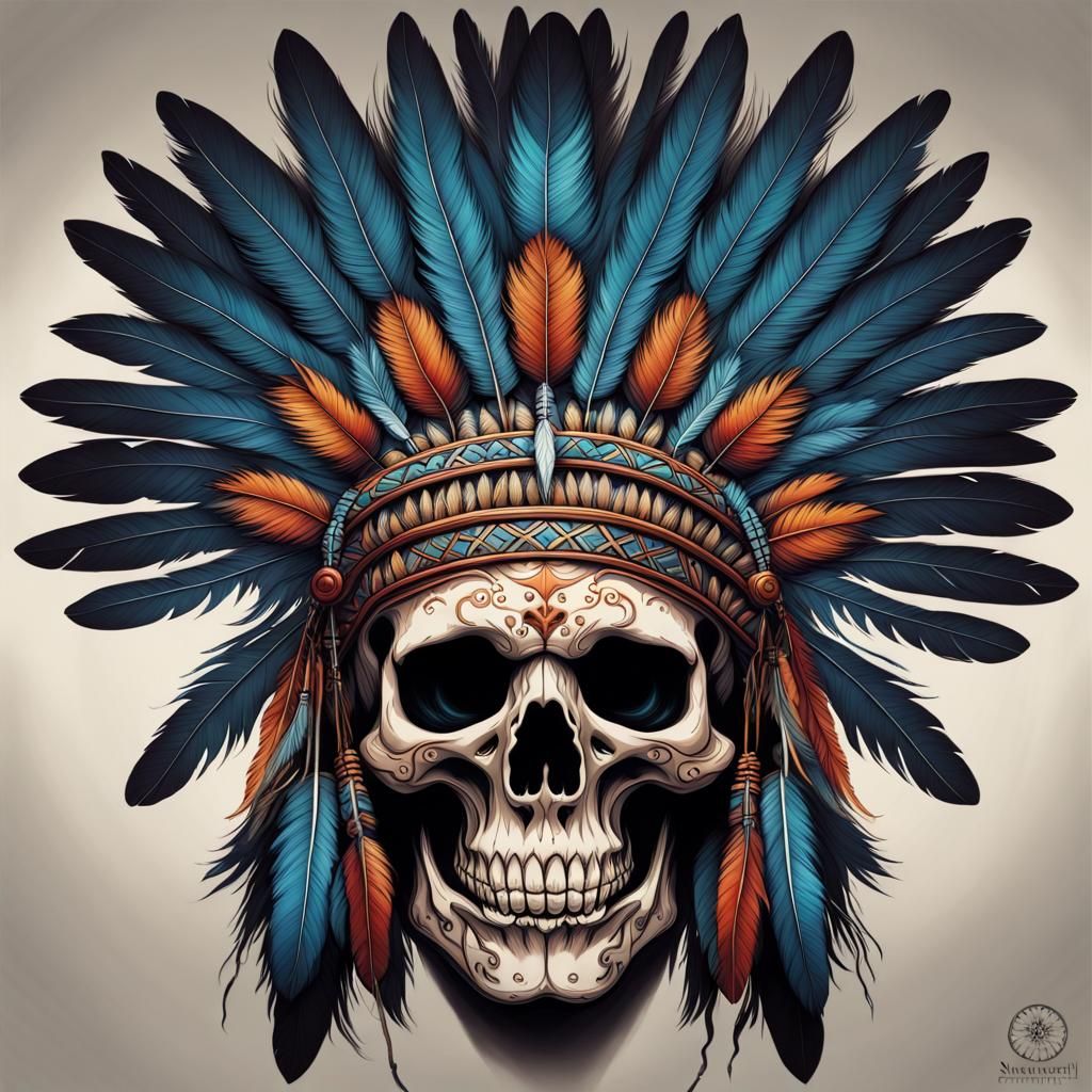 Indian skull with feathered headdress, centered, symmetry, painted ...