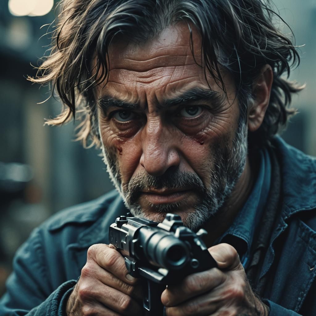 Dramatic Close-Up: Man Aims Gun in Cinematic Style