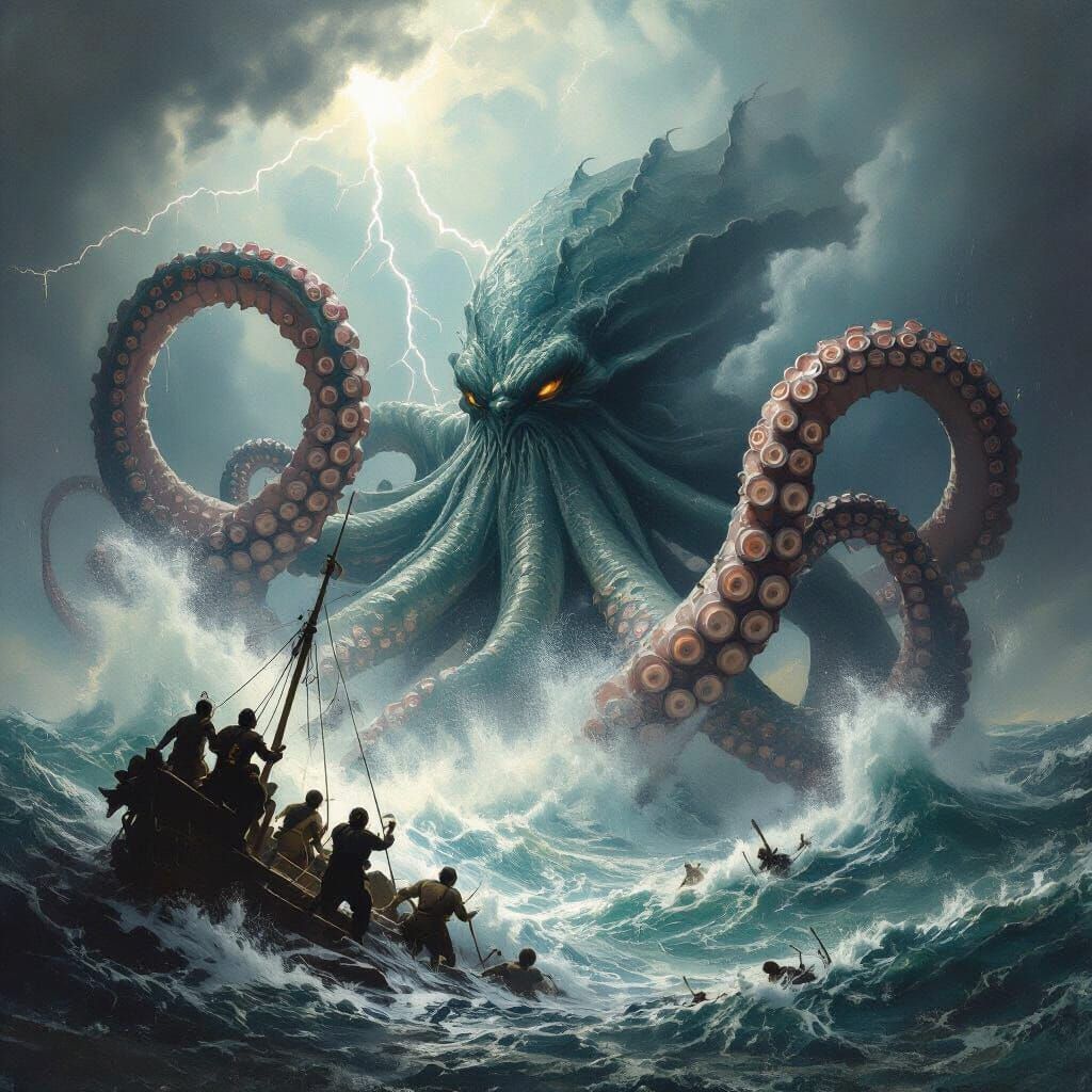 Kraken Emerges from Stormy Sea: Classical Maritime Painting