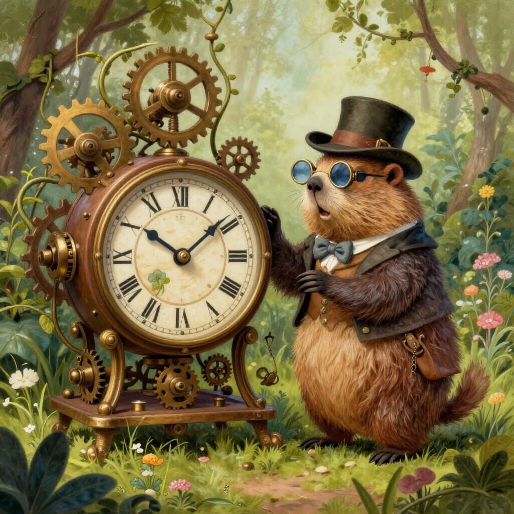 A whimsical groundhog dressed as a Victorian explorer, complete with a tiny pith helmet and monocle, ...  by @Gabriel Davis