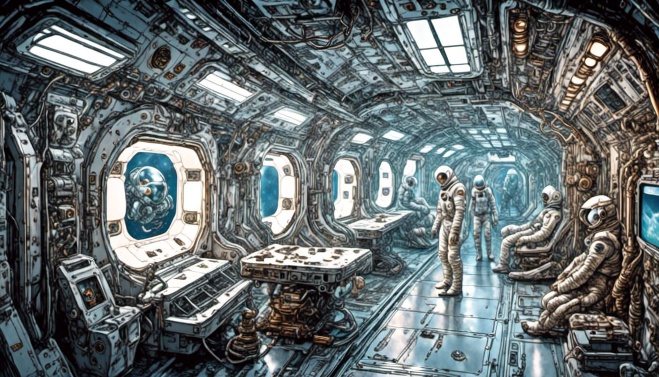 <lora:GalaxyCore:1.0> <lora:Alienbiopunk:1.0> A space station, with spaceships coming and going, astronauts on EVA missions, and maintenance...