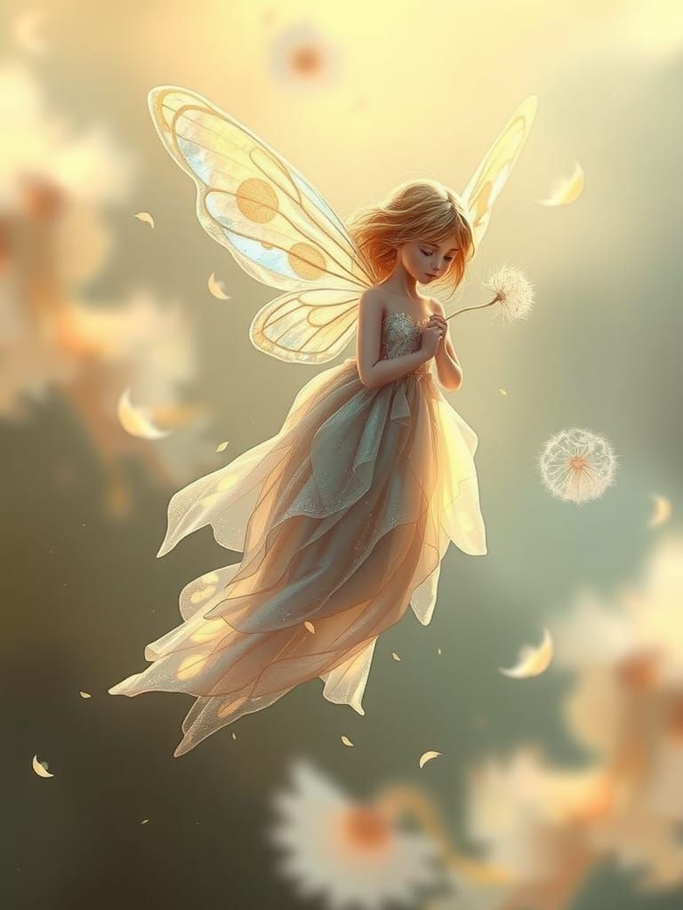 Iridescent Fairy with Dandelion Seed in Golden Light