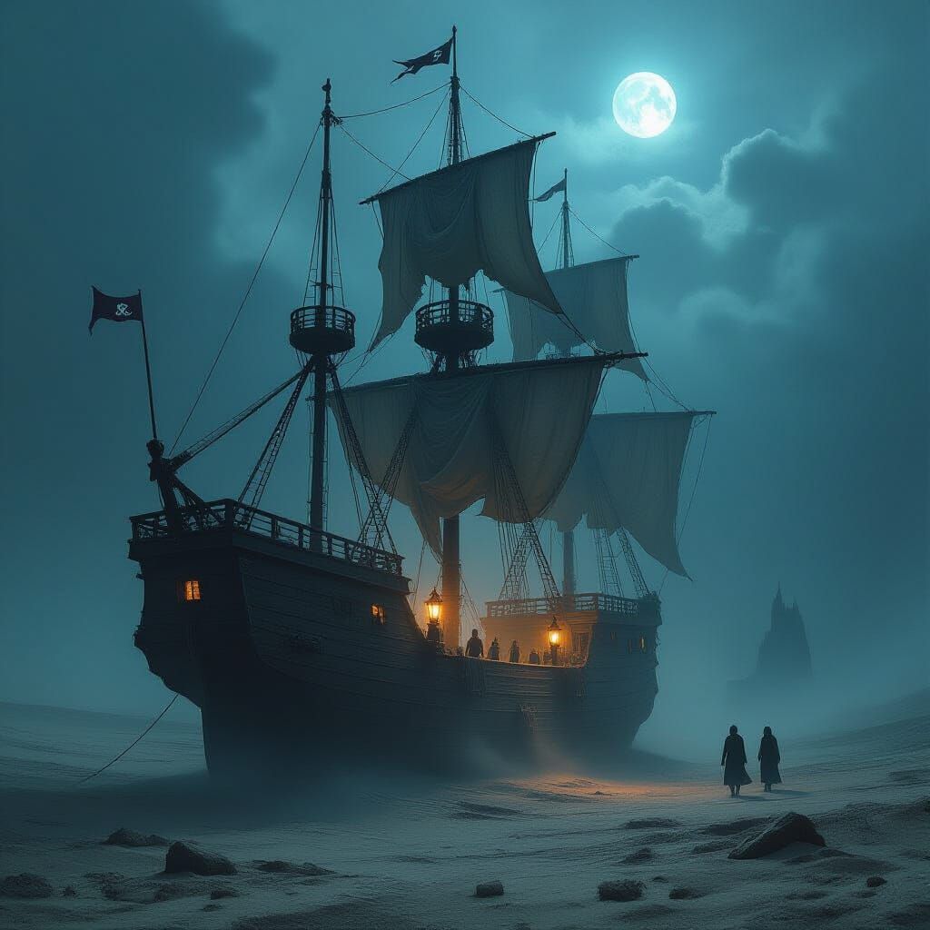 A spectral galleon sailing across a vast, desolate desert, its sails tattered and torn, with skeletal figures manning the deck. The ship is ...