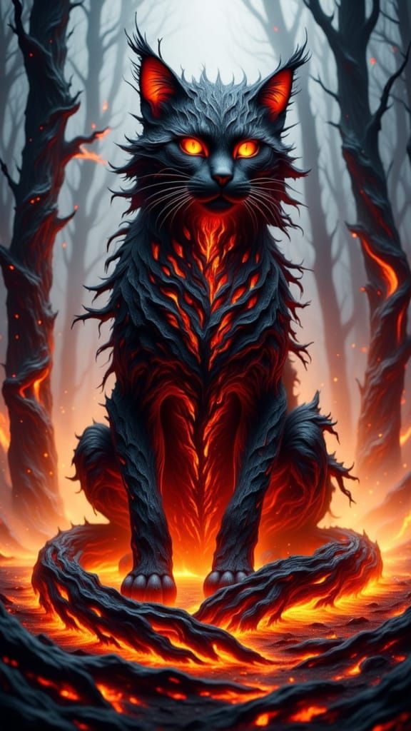 <lora:Mystical Cats:1.0> A burned forest elemental cat, its body made of cracked black bark and glowing lava veins, surrounded by scorched t...
