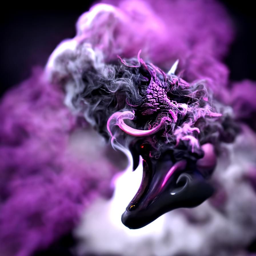 a puff of purple smoke in the shape of a mythical dragon hea...