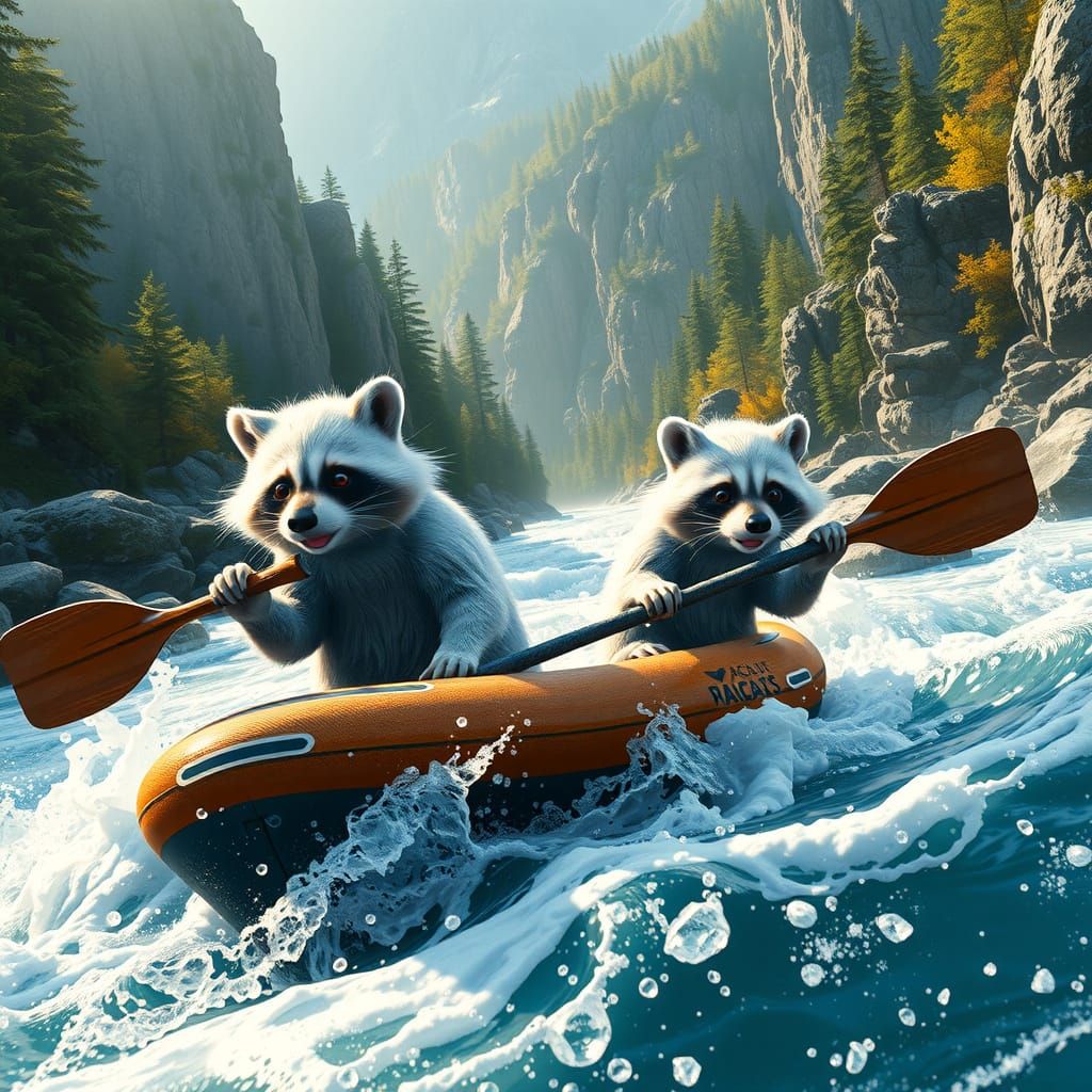 Epic River Rafting Scene with Hyper-Realistic Raccoons