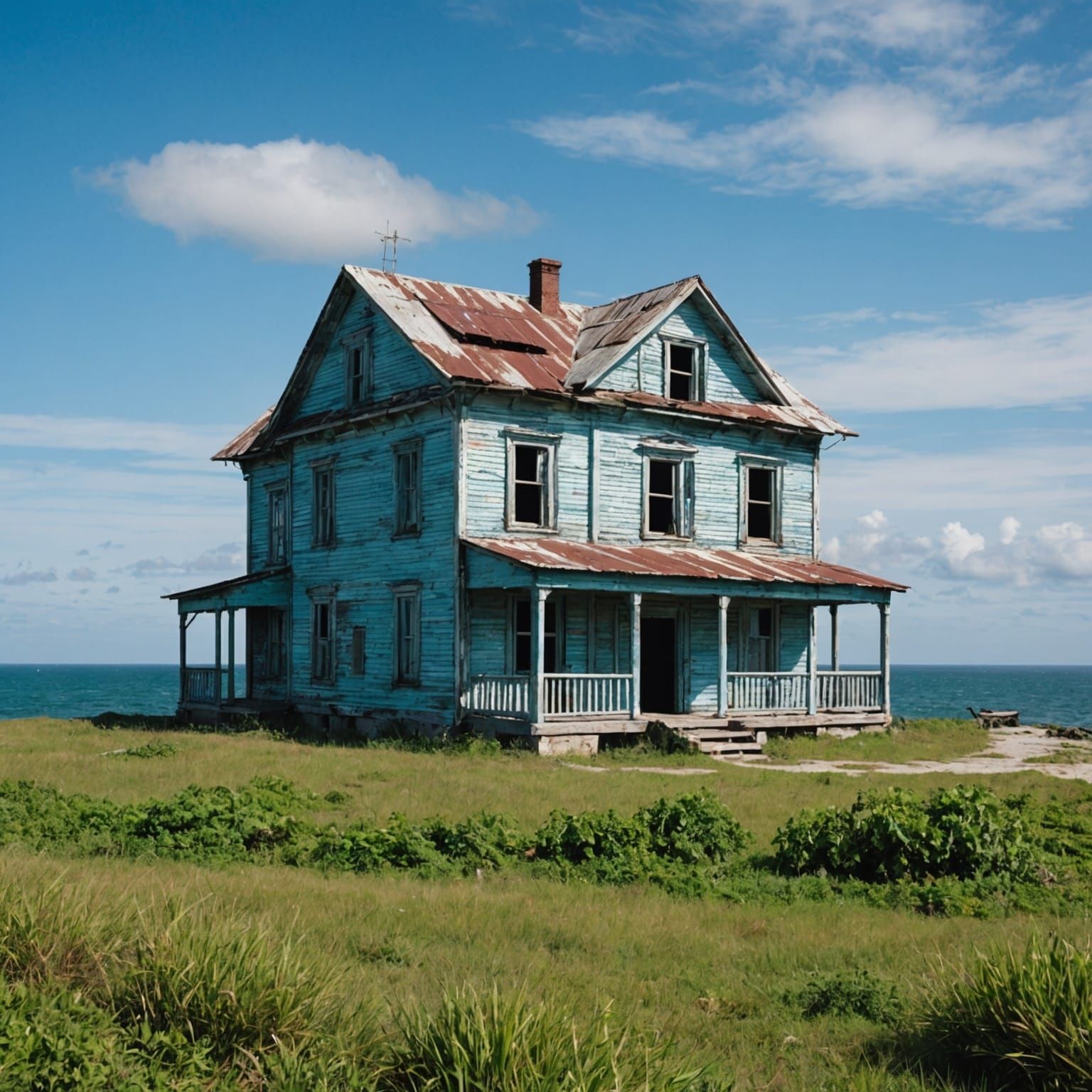 A multi-storey rickety old house standing tall and solitary on a minuscule island that is but a mere speck in the vast, azure expanse of the...