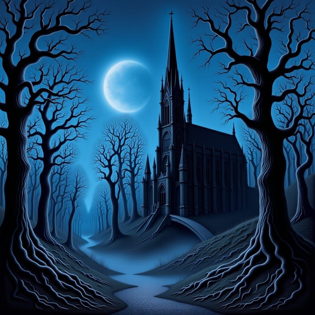 <lora:MrsH Darkling:1.0> a striking and surreal gothic landscape, bare trees, gothic church with tall steeple, eerie atmosphere 