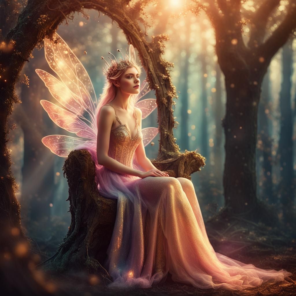 fairy queen sits on her throne in her forest court