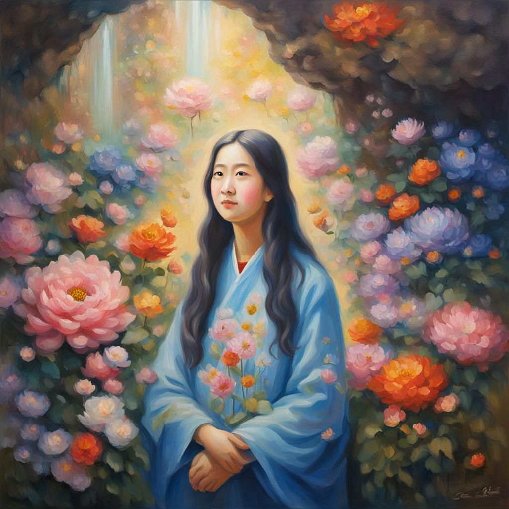 Grotto Oil Painting of a Saint with Flowers