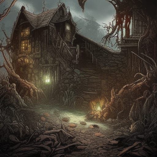 abandoned ruined village, dilapidated village in the forest,...