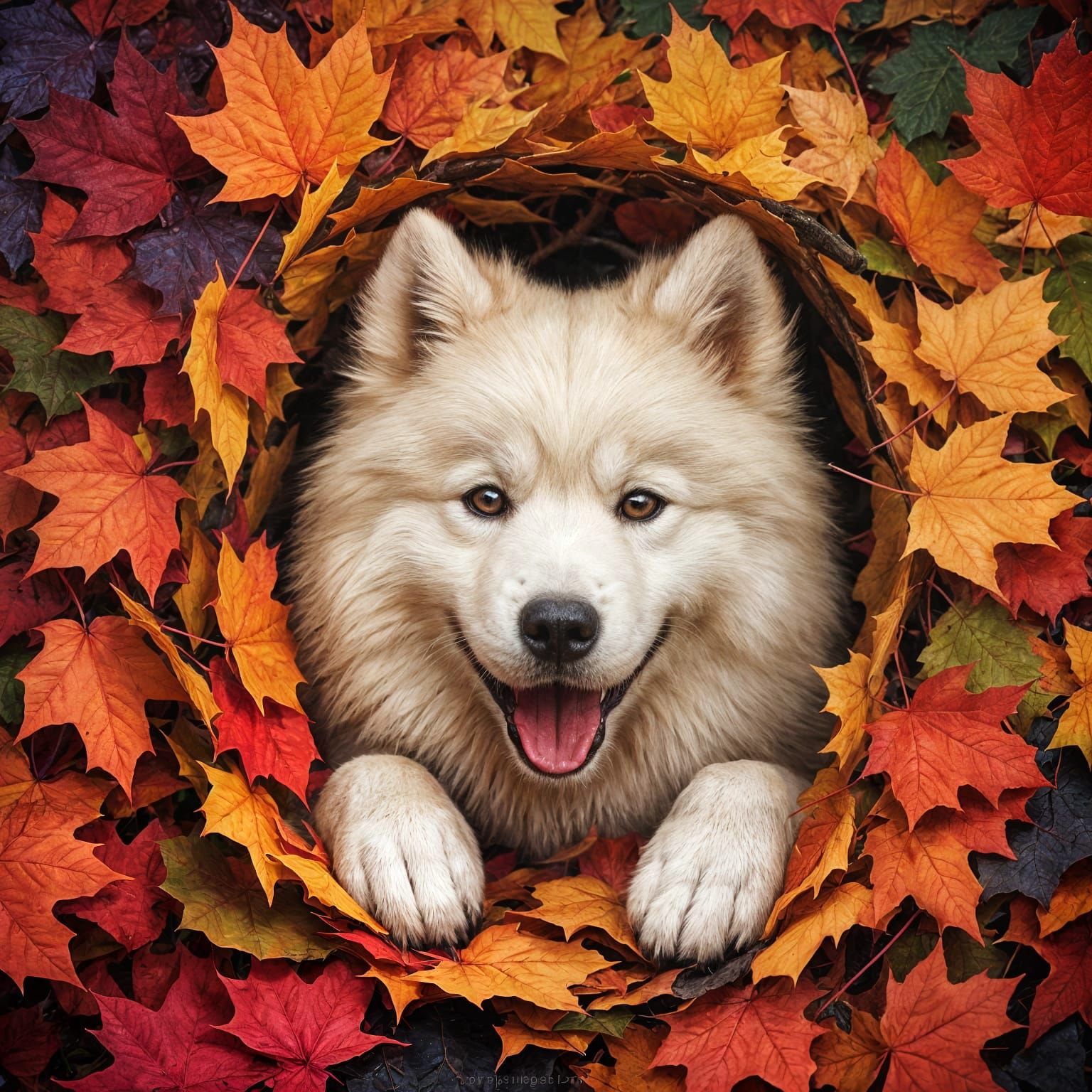 A cute furry happy samoyed dog is hiding inside a heap of colorful autumn leaves. Rich colors,  mastery ...  by @Phys