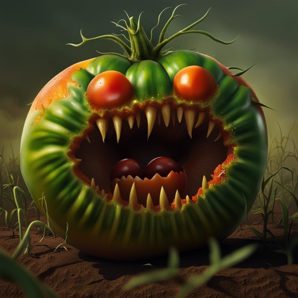 A large, pulsating green and orange tomato emerges out of th...
