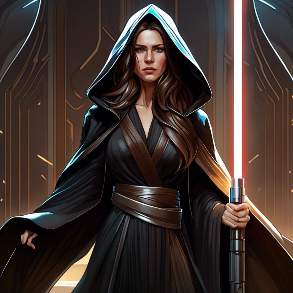 A woman with long brown hair wearing black jedi robes with a hood from ...