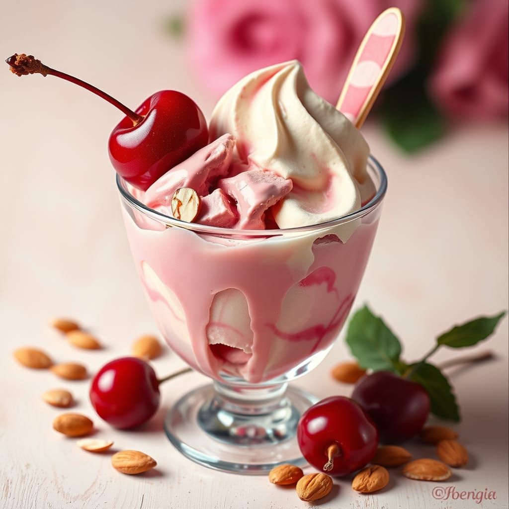 Icecream glass cup,  pink, vanilla, red. Chopped almonds, cherry, Very gorgeous acrylic paint. Perfect ...  by @LoscoFiguro