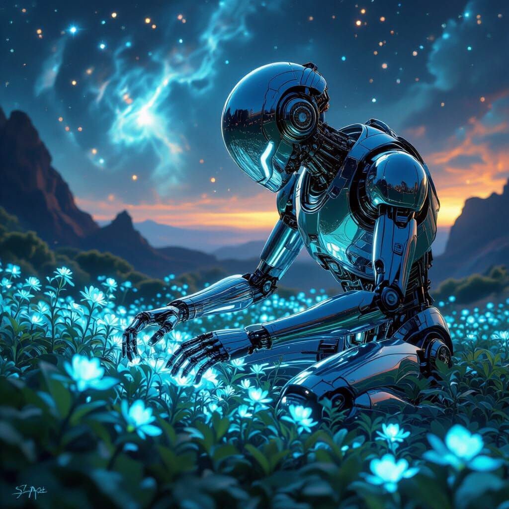 Masterpiece Monday. A breathtaking digital painting of an ancient, celestial automaton tending to a garden of bioluminescent blueish-green f...