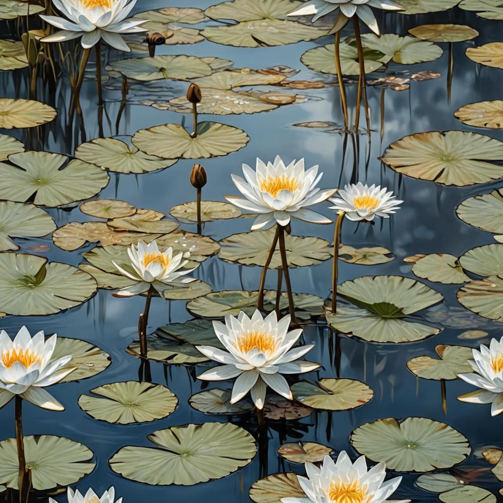 WHITE WATER LILLIES OVER LAKE