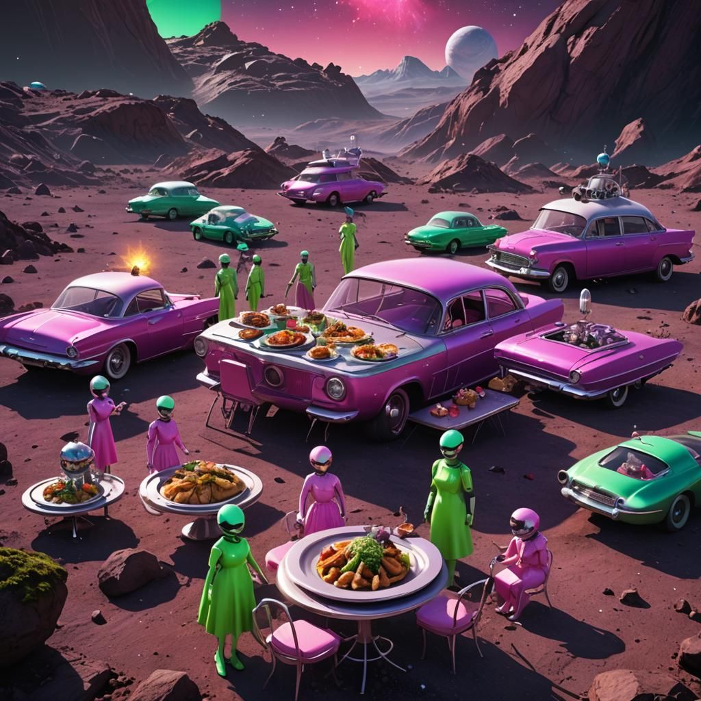 neon purple and green 50's dinner on an asteroid in space sp...