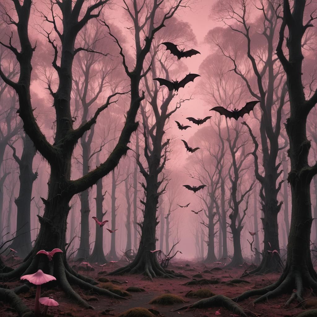 Pink Bats Fly in Ethereal Forest