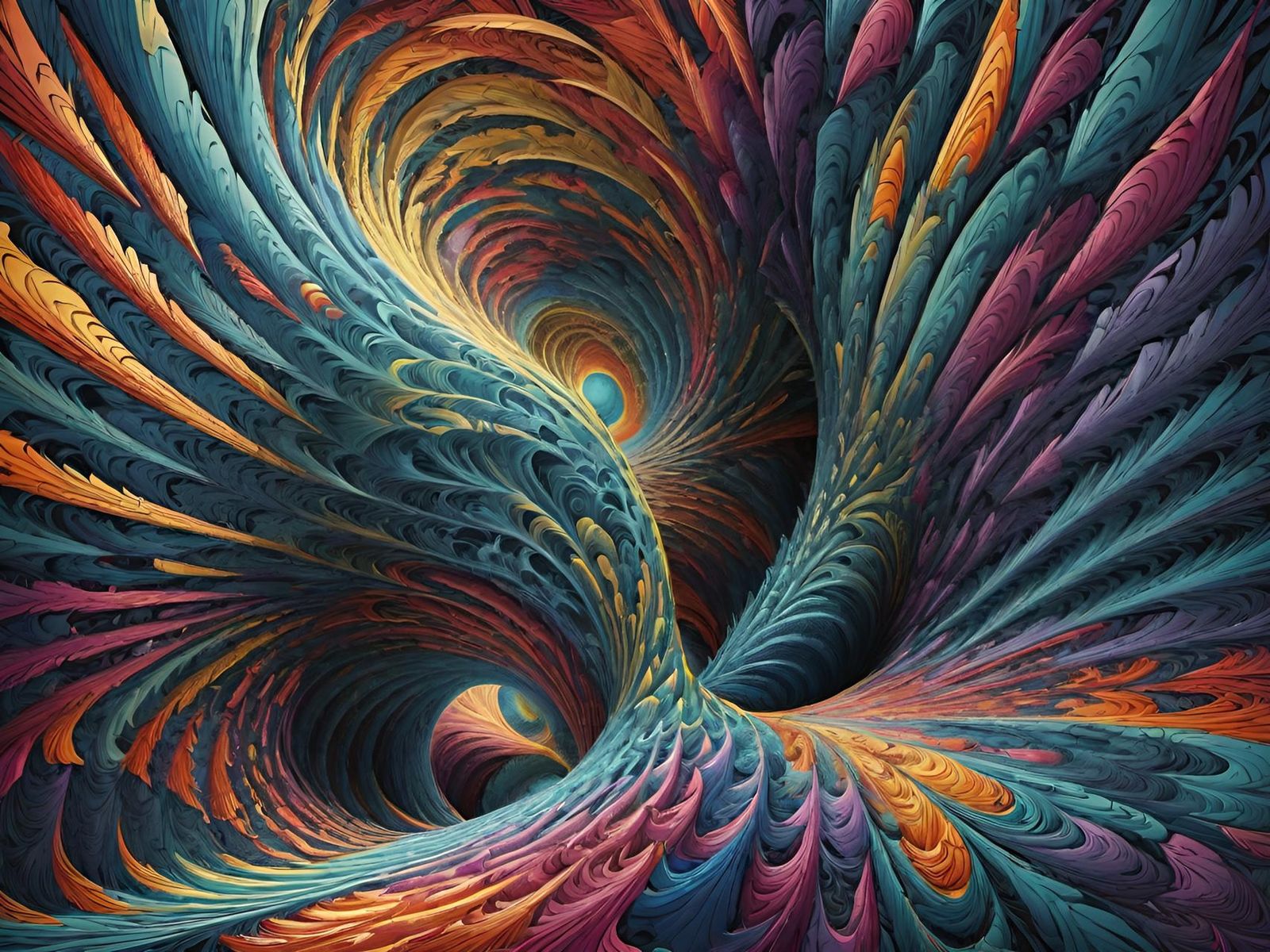 Abstract fractal design, swirling patterns of layered, textured shapes.  Intricate, complex forms, resembling feathers, ...