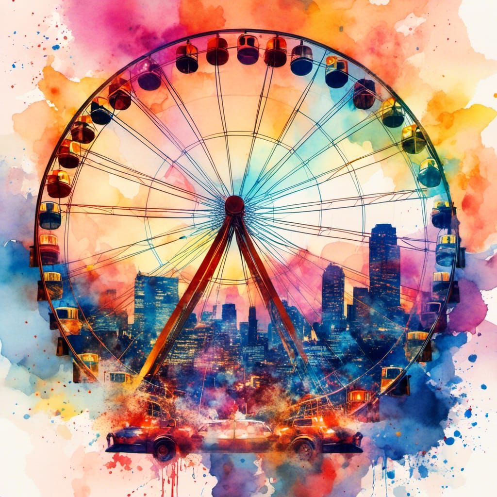 <lora:MJ6 Watercolor DE:1.0> double exposure of erris wheel and city lights on a white background, stock vector illustration, modern surrea...
