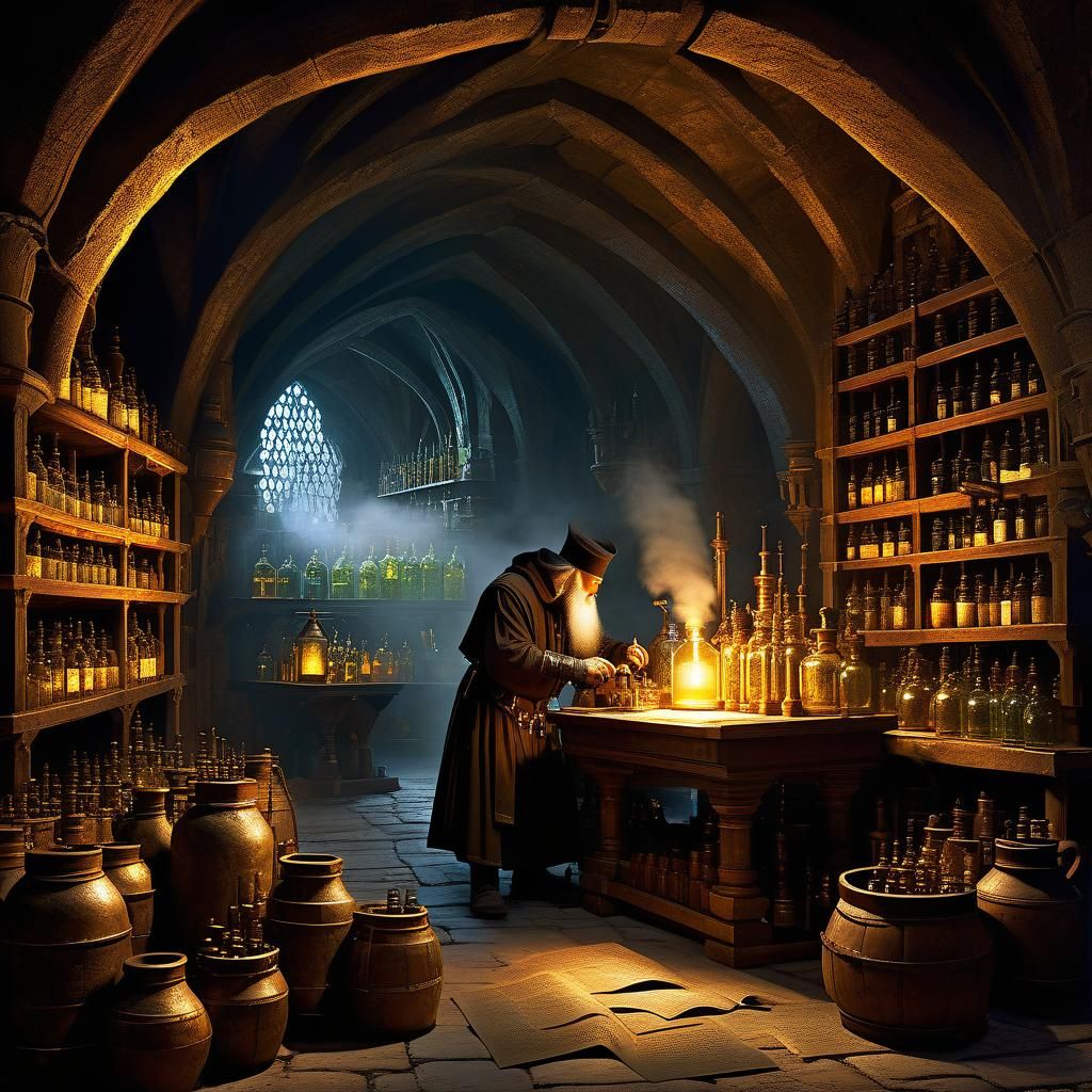 Imaginative depiction of an alchemist at work in a hidden me...