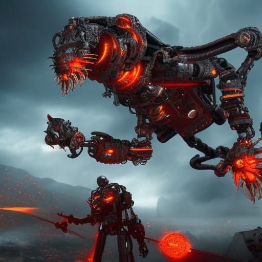 Robot fighting demons in hell, 8k ultra realistic