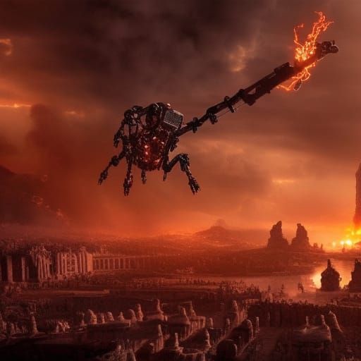 Robot fighting demons in hell, 8k ultra realistic