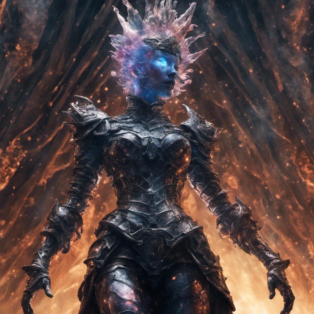 Giant Glass blown statue in the world of dnd depicting a woman in nightmare armour. Texture is crystallised with dark en...