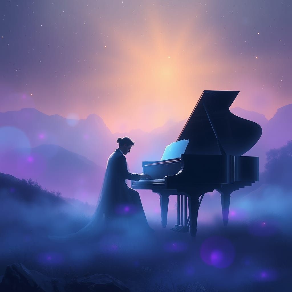 Ethereal Pianist Plays Nocturne in Dream Landscape