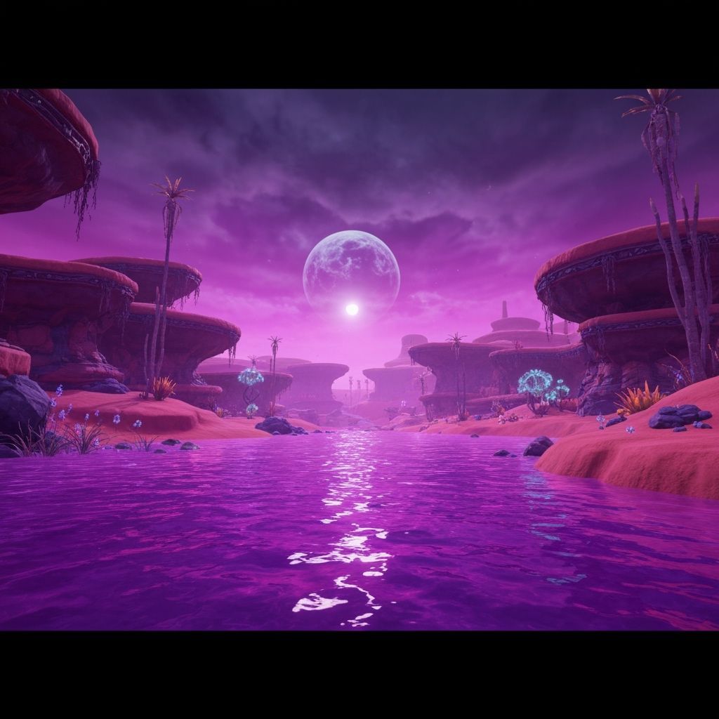 extremely realistic ultradetailed dark aether dimension agon wastes from metroid prime 2 echoes video game with toxic purple water and a sin... - Start Image 1