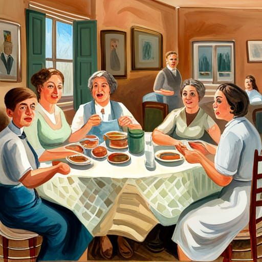 Southern style family dinner in Gouache Style, Watercolor, M...