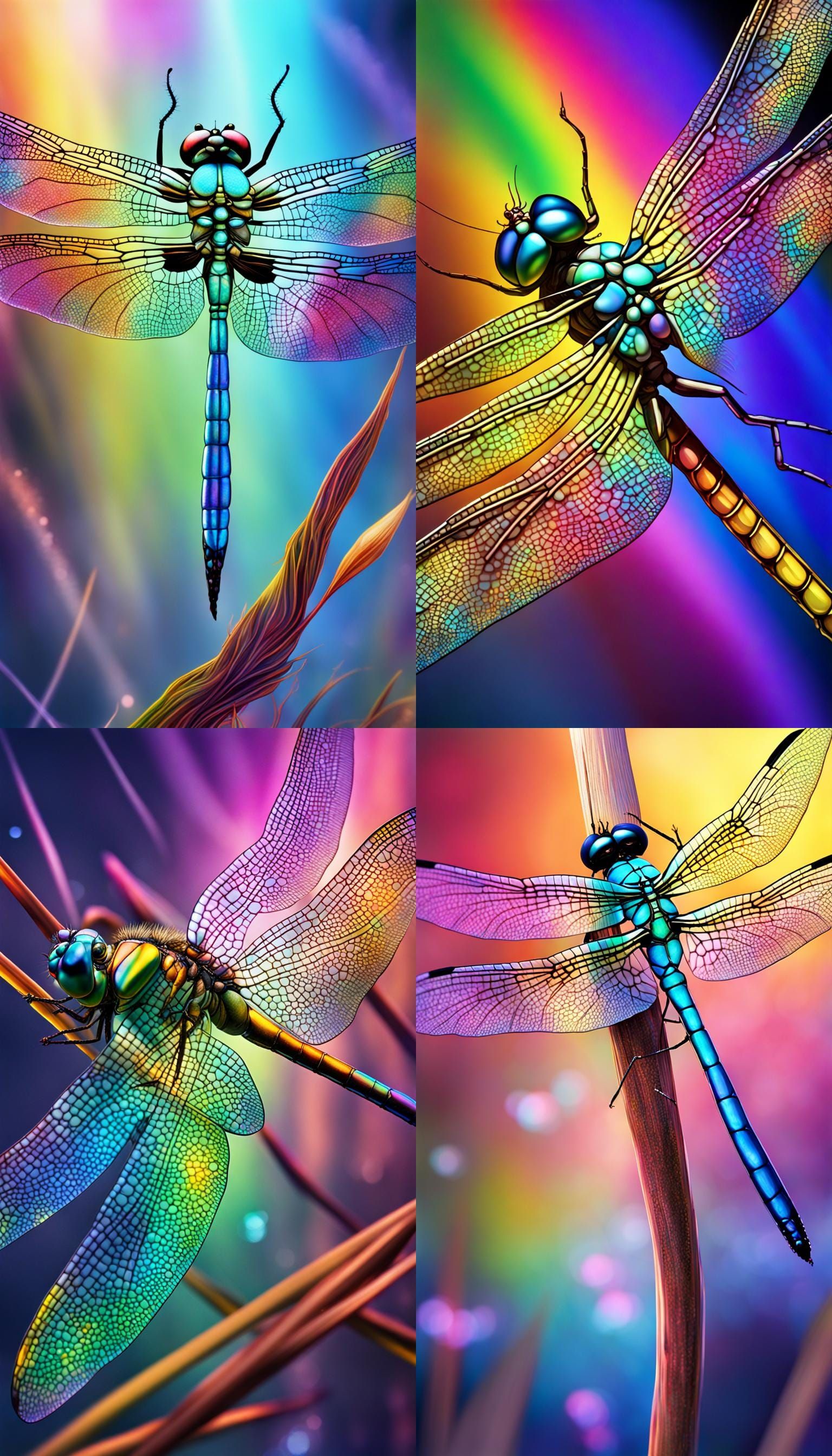 dragonfly; Rainbow colors, iridescent textures, dynamic lighting ...
