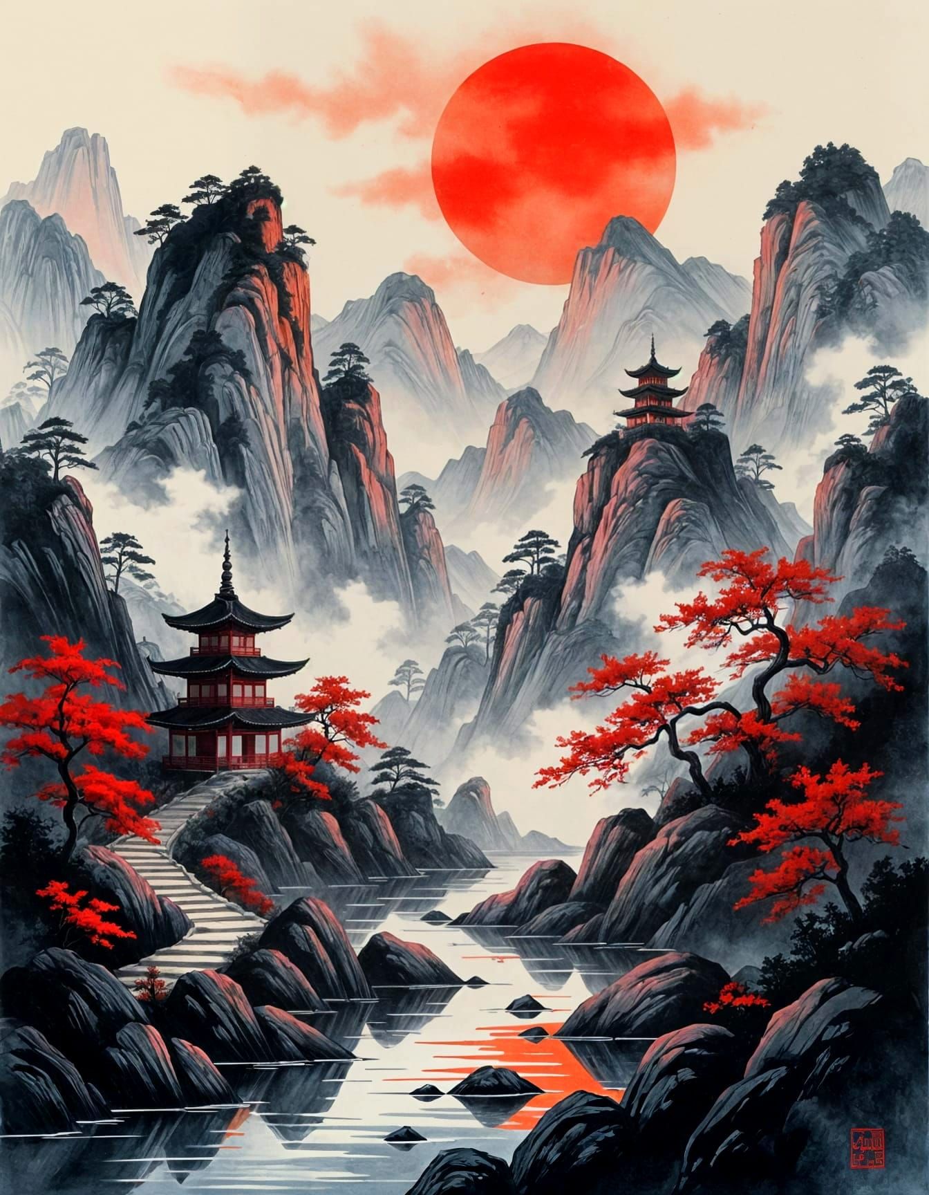A serene Asian mountain landscape in traditional Japanese ink painting style features rocky cliffs and ...  by @Momo