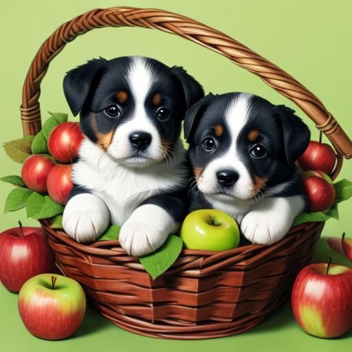 Puppies in a basket of apples