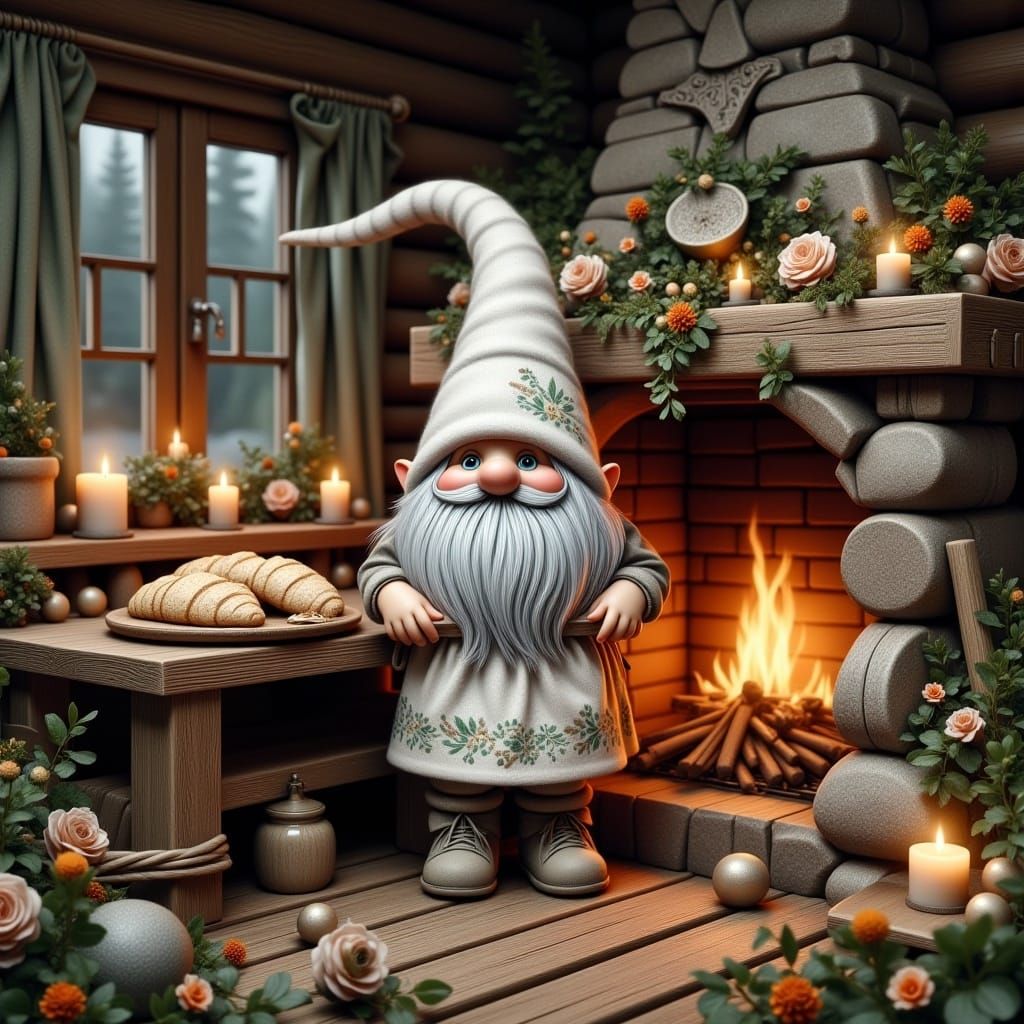 <lora:Scandic Gnomes:1.0><lora: nordic gnome baking scones whimsical photorealistic hyperdetailed 3D glossy oil painting 