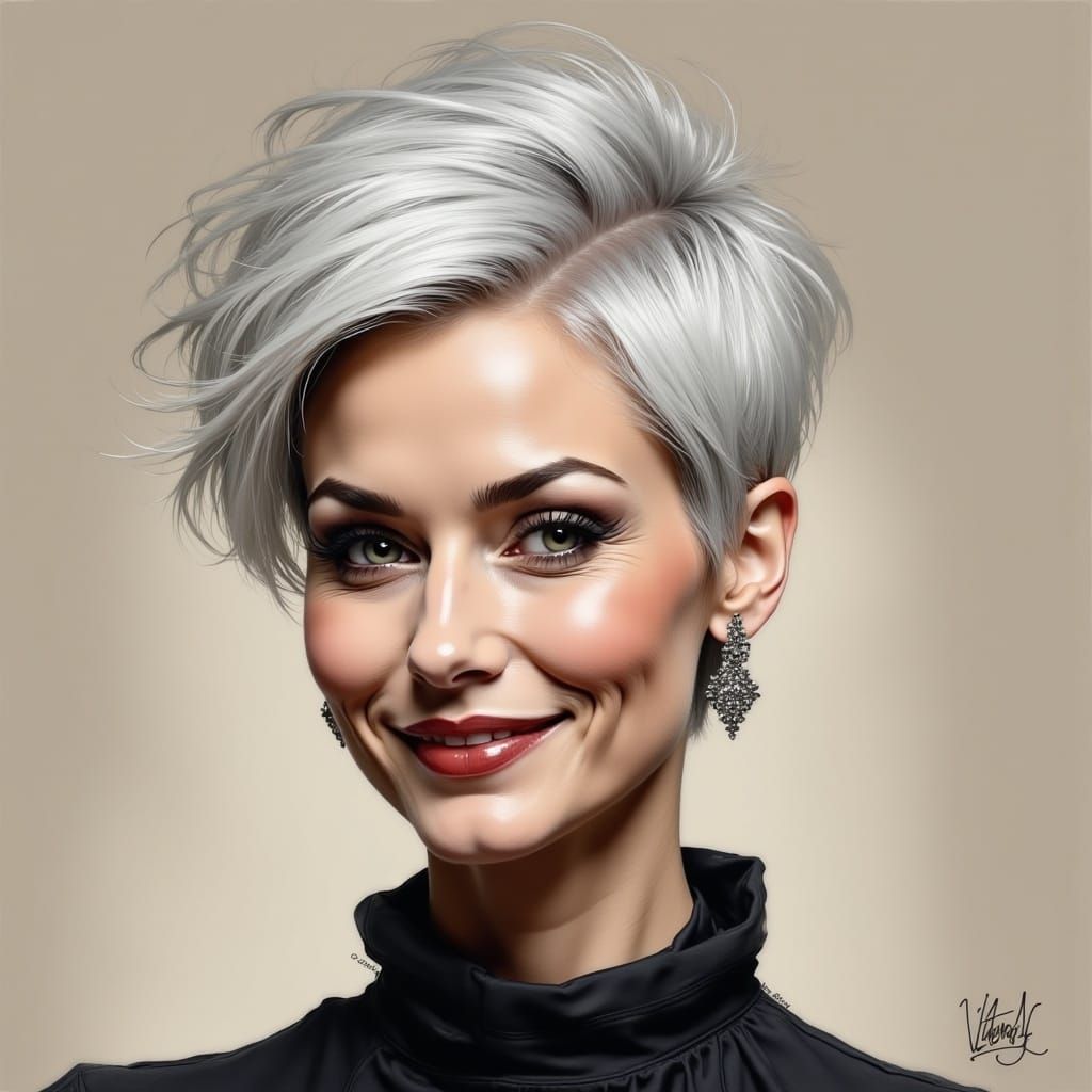 caricature, photorealistic, beautiful  ethereal 50’s woman, pixie cut silver hair smoky eyes <lora:Brushed Charcoal Fl:1.0>