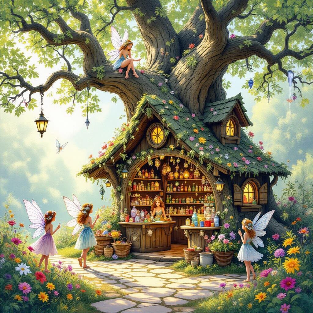 A whimsical fairy market nestled within the branches of an ancient, gnarled tree, where tiny stalls overflow with sparkling potions, enchant...