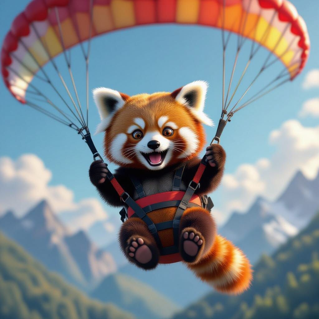 Red panda parasailing   by @VeganTrekfan
