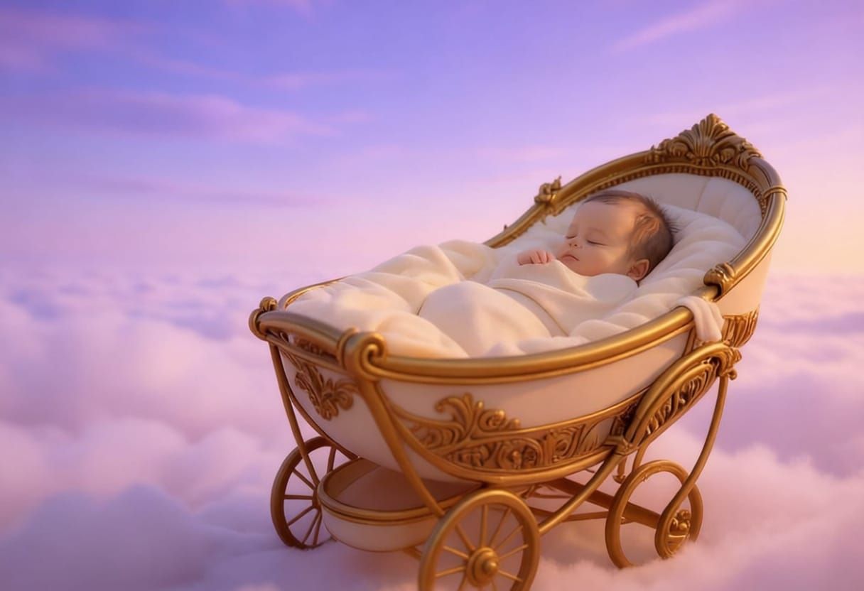 for an ad for birth coaching: a month year old baby in a carrage in a peaceful setting with sunrise colors