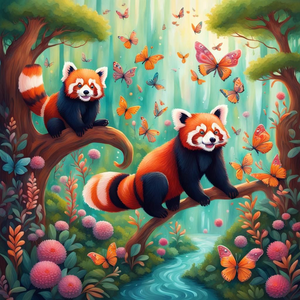 Red Pandas playing with magical butterflies and flowers all over - AI ...