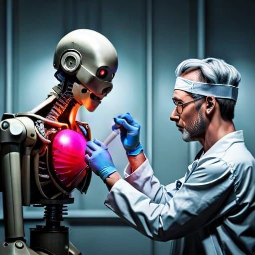 Mad scientist preforming open heart surgery on robot   by @David Myers