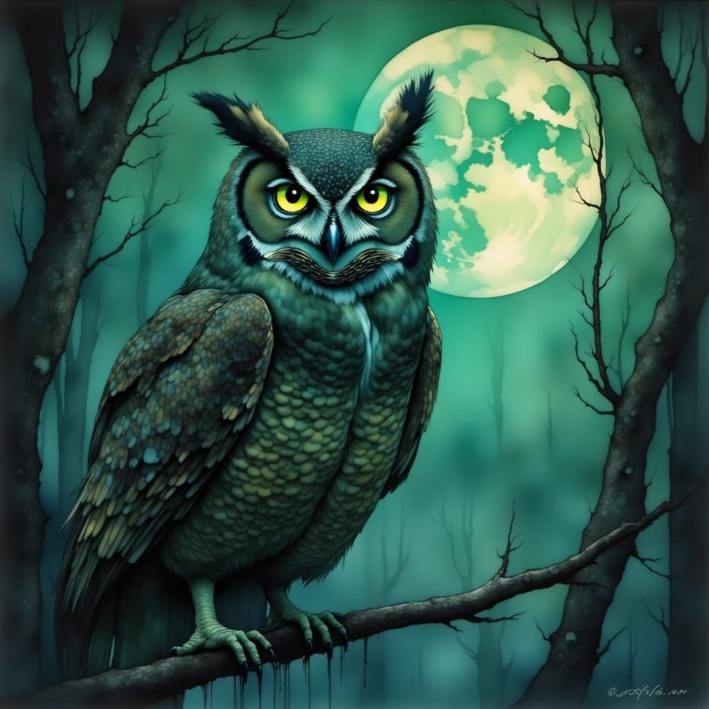<lora:Flux - Painterly:1.0>
Oil painting. A wise old owl with glowing emerald eyes perches on a branch in a misty forest. The owl's feathers...